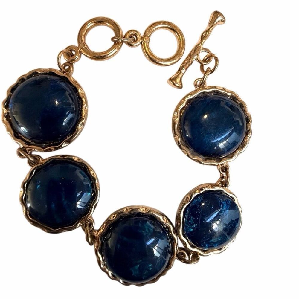 Gold Tone Blue  Cabochon Link Bracelet